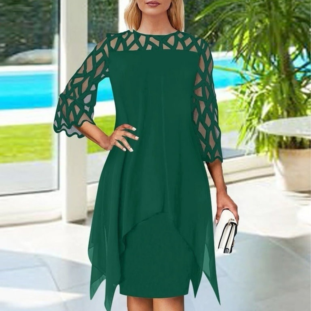 Summer Dresses Hollow Out Long Sleeve Mesh Midi Dress Size XL